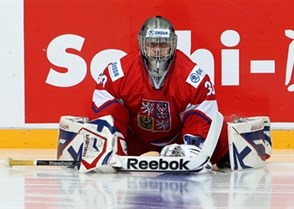 SOCHI, RUSSIA - APRIL 22: Rene Svoboda #30 of the Czech Republic looks on during warm up prior to preliminary round action against Finland at the 2013 IIHF Ice Hockey U18 World Championship. (Photo by Francois Laplante/HHOF-IIHF Images)