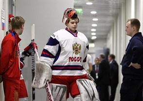 SOCHI, RUSSIA - APRIL 28: Russia's Igor Shestyorkin #1 heads to the ice for warm up prior to bronze medal game action against Finland at the 2013 IIHF Ice Hockey U18 World Championship. (Photo by Francois Laplante/HHOF-IIHF Images)