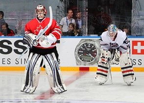 SOCHI, RUSSIA - APRIL 28: Canada's Philippe Desrosiers #30 and USA's Thatcher Demko #29 take part in warm up prior to gold medal game action at the 2013 IIHF Ice Hockey U18 World Championship. (Photo by Francois Laplante/HHOF-IIHF Images)
